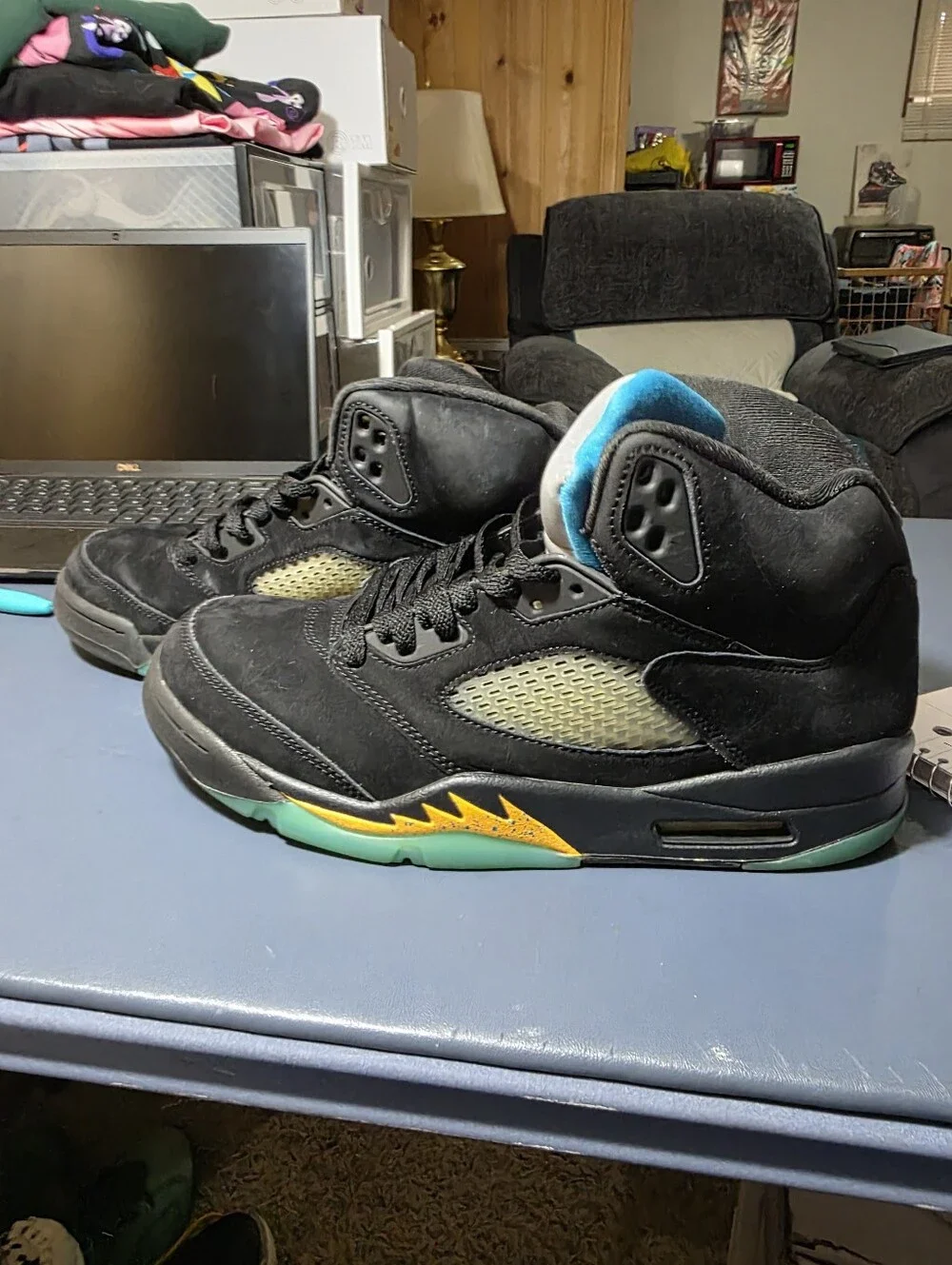 Air Jordan 5 Aqua Black Suede Low Sneakers with Blue Accents Size 10.5m
